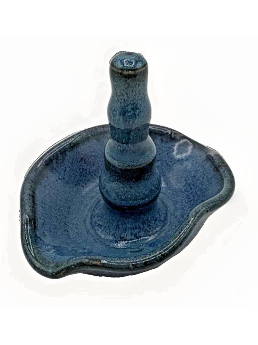Vintage Studio Pottery Ring Holder Dish Blue Gray Glazed Ruffled Edge Signed